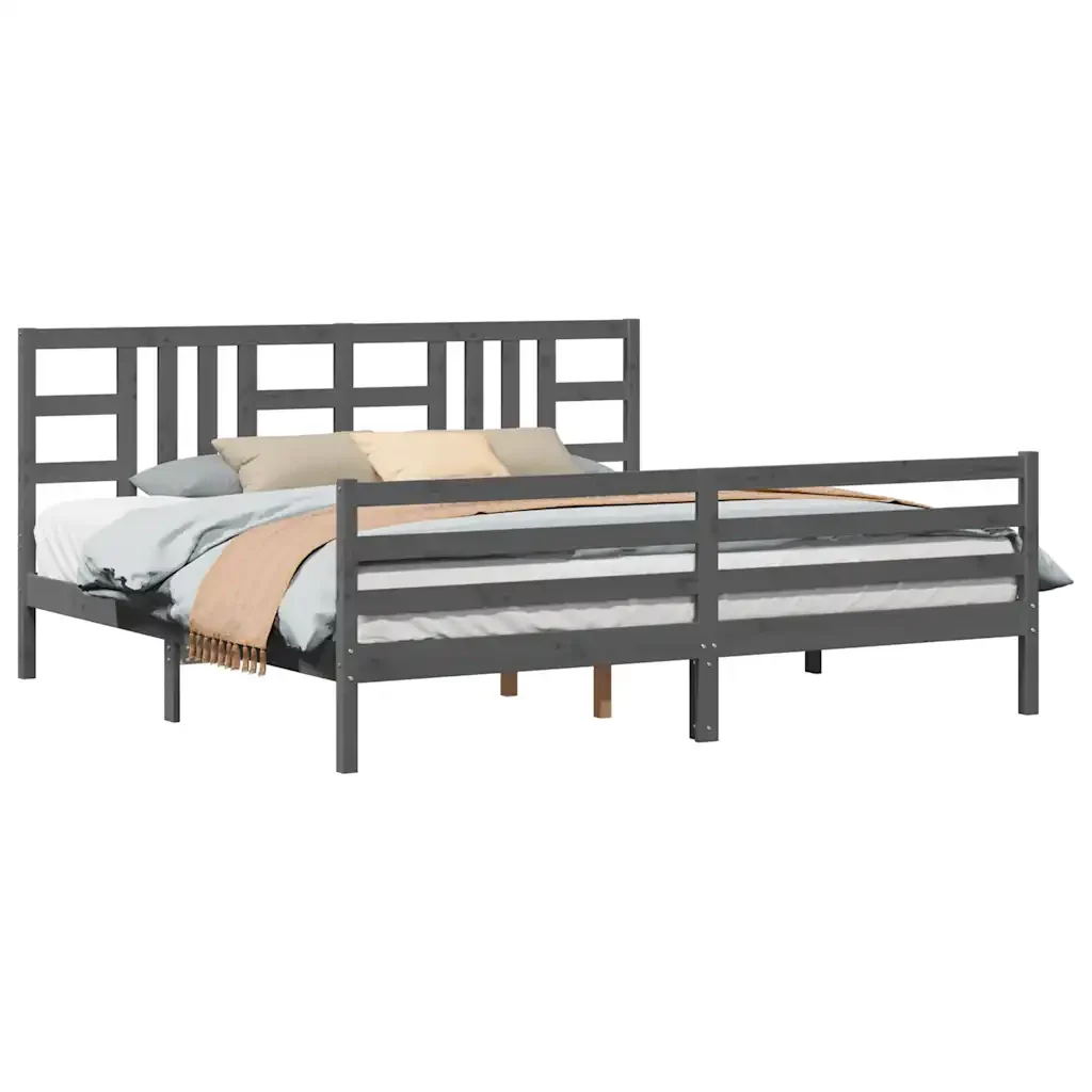 Letto matrimoniale | Letto per adulti | Giroletto con Testiera Grigio 200x200 cm in Legno Massello - Image 4