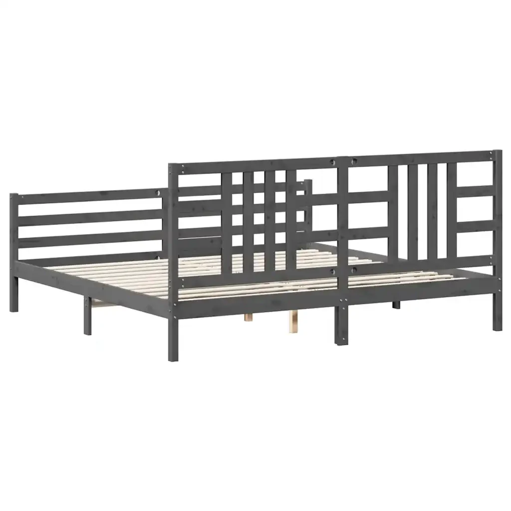 Letto matrimoniale | Letto per adulti | Giroletto con Testiera Grigio 200x200 cm in Legno Massello - Image 6