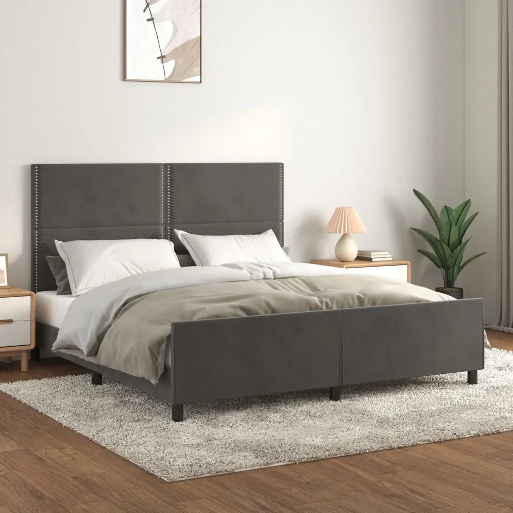 Letto matrimoniale | Letto per adulti | Giroletto con Testiera Grigio Scuro 180x200 cm in Velluto - Image 2