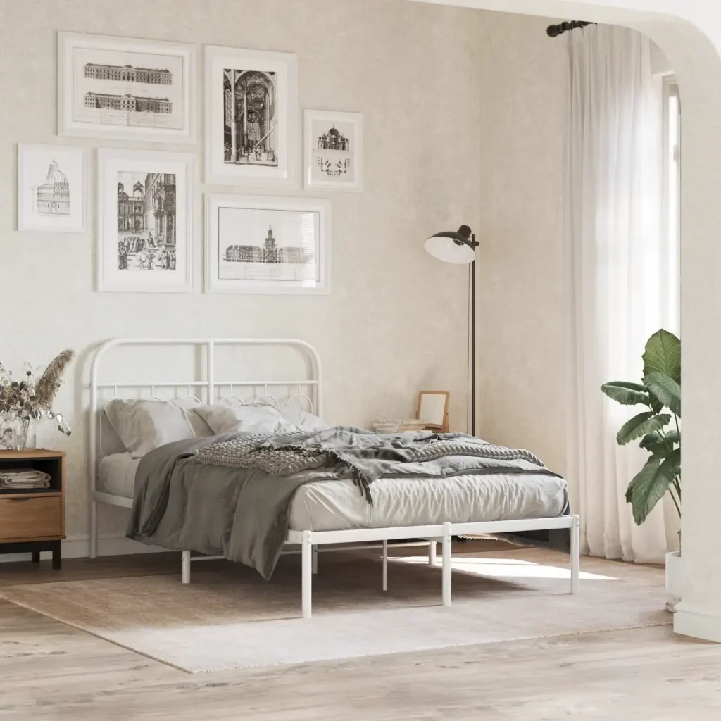 Letto matrimoniale | Letto per adulti | Giroletto con Testiera in Metallo Bianco 120x200 cm - Image 2