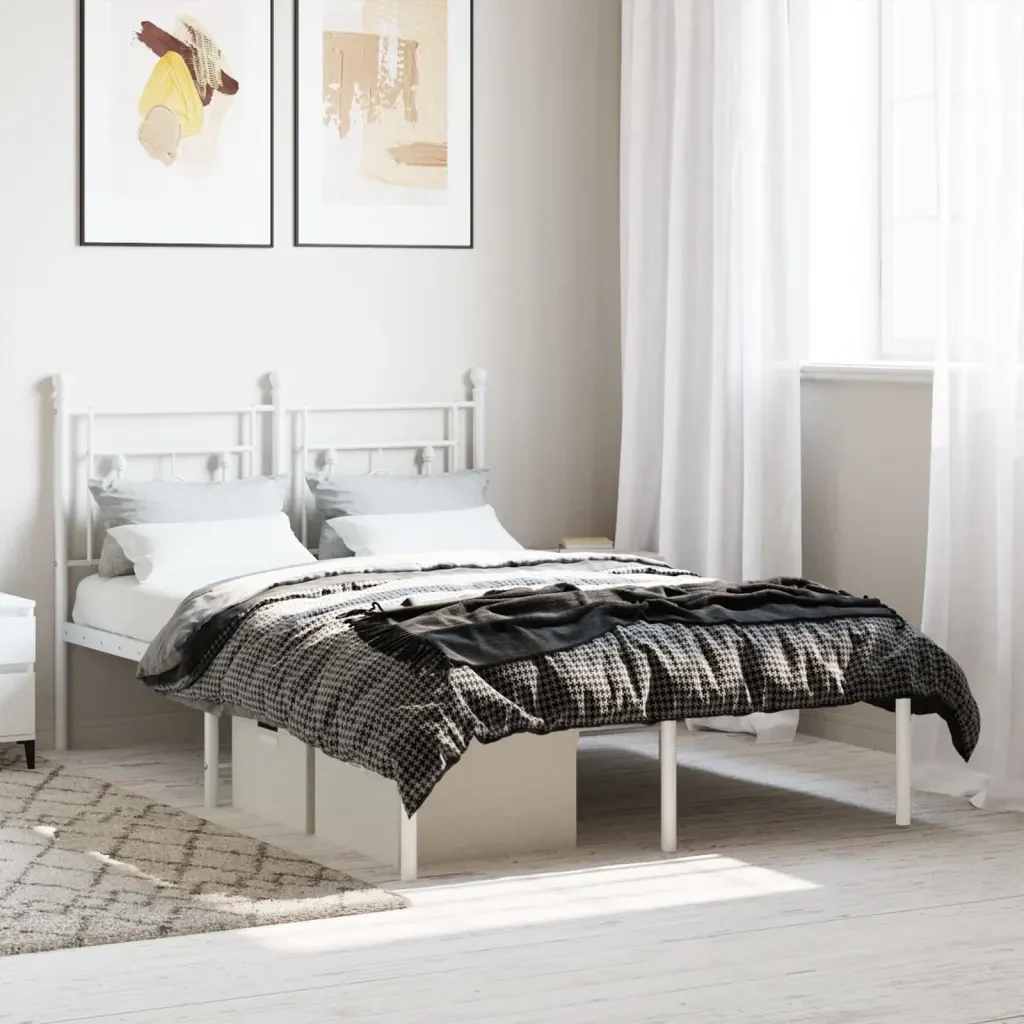 Letto matrimoniale | Letto per adulti | Giroletto con Testiera in Metallo Bianco 120x200 cm - Image 2