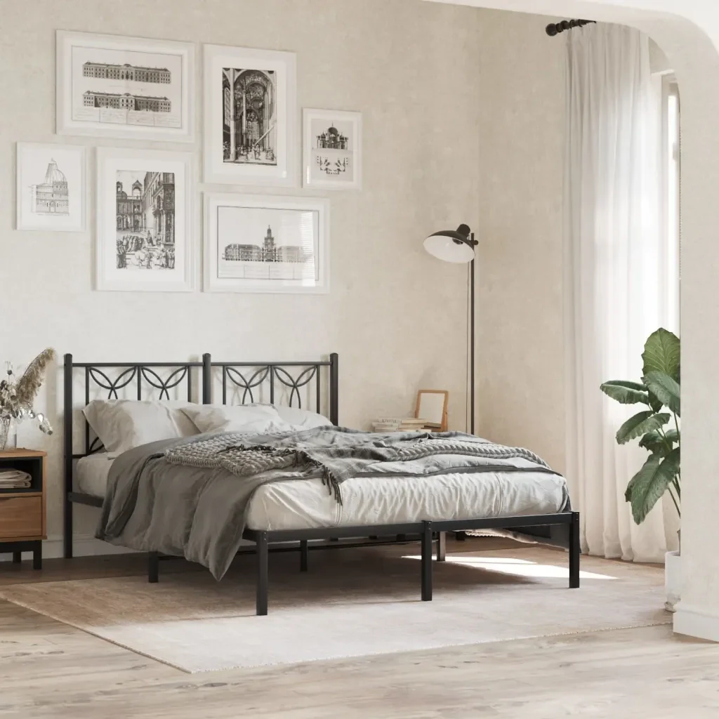 Letto matrimoniale | Letto per adulti | Giroletto con Testiera in Metallo Nero 135x190 cm - Image 2