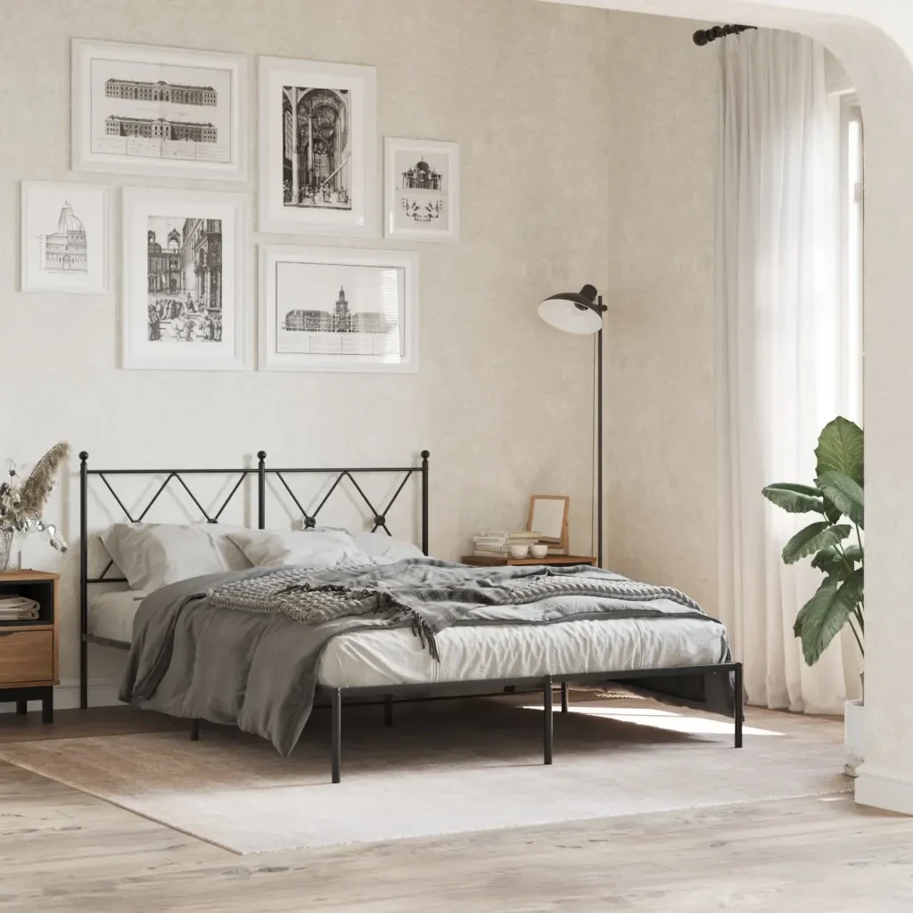 Letto matrimoniale | Letto per adulti | Giroletto con Testiera in Metallo Nero 135x190 cm - Image 2