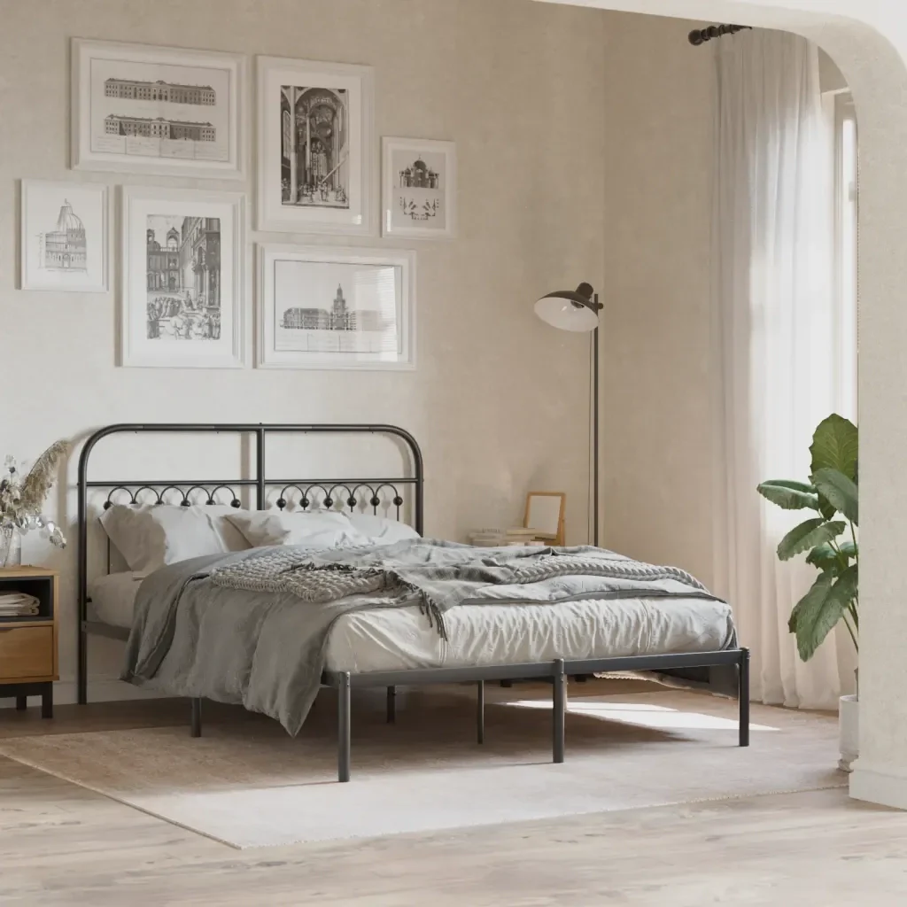 Letto matrimoniale | Letto per adulti | Giroletto con Testiera in Metallo Nero 135x190 cm - Image 2