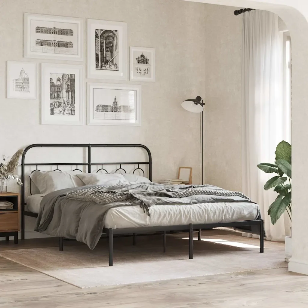 Letto matrimoniale | Letto per adulti | Giroletto con Testiera in Metallo Nero 150x200 cm - Image 2