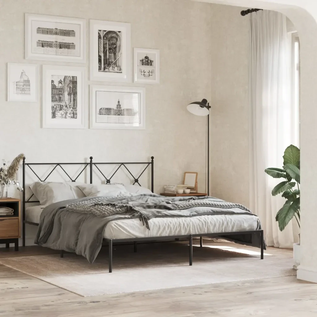 Letto matrimoniale | Letto per adulti | Giroletto con Testiera in Metallo Nero 160x200 cm - Image 2