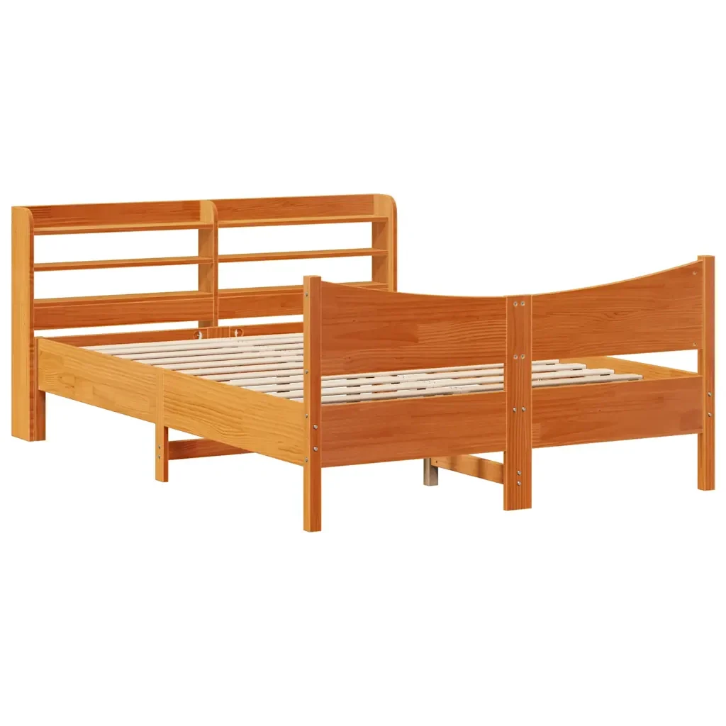Letto matrimoniale | Letto per adulti | Giroletto con Testiera Marrone Cera 150x200 cm Massello Pino