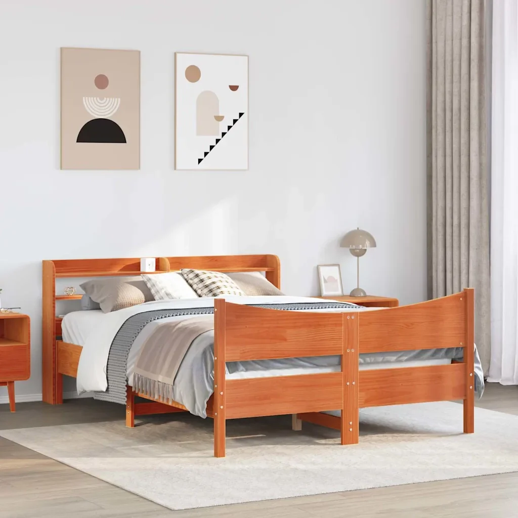 Letto matrimoniale | Letto per adulti | Giroletto con Testiera Marrone Cera 150x200 cm Massello Pino - Image 4