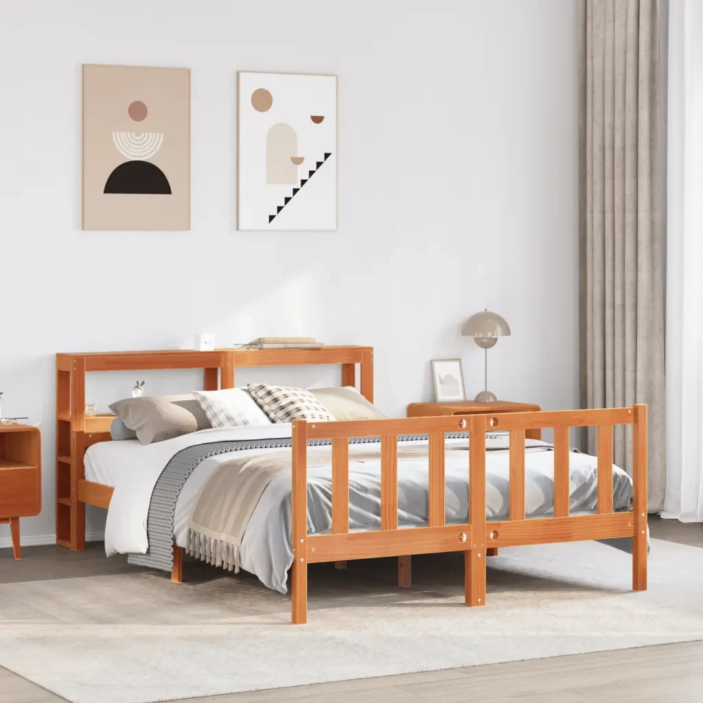 Letto matrimoniale | Letto per adulti | Giroletto con Testiera Marrone Cera 150x200 cm Massello Pino - Image 2