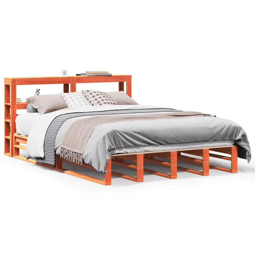 Letto matrimoniale | Letto per adulti | Giroletto con Testiera Marrone Cera 150x200 cm Massello Pino