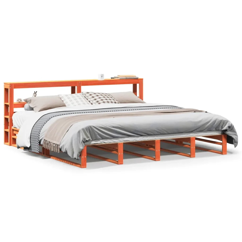 Letto matrimoniale | Letto per adulti | Giroletto con Testiera Marrone Cera 180x200 cm Massello Pino