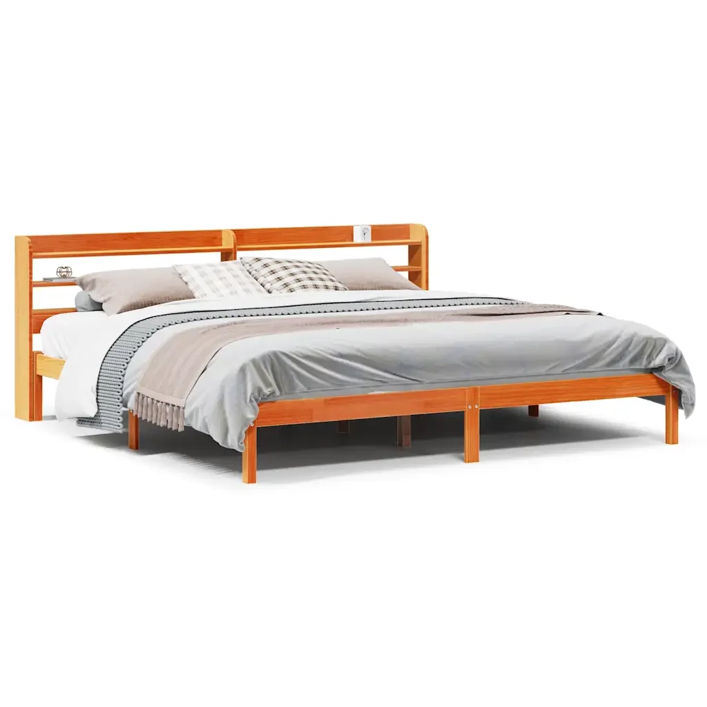 Letto matrimoniale | Letto per adulti | Giroletto con Testiera Marrone Cera 200x200 cm Massello Pino