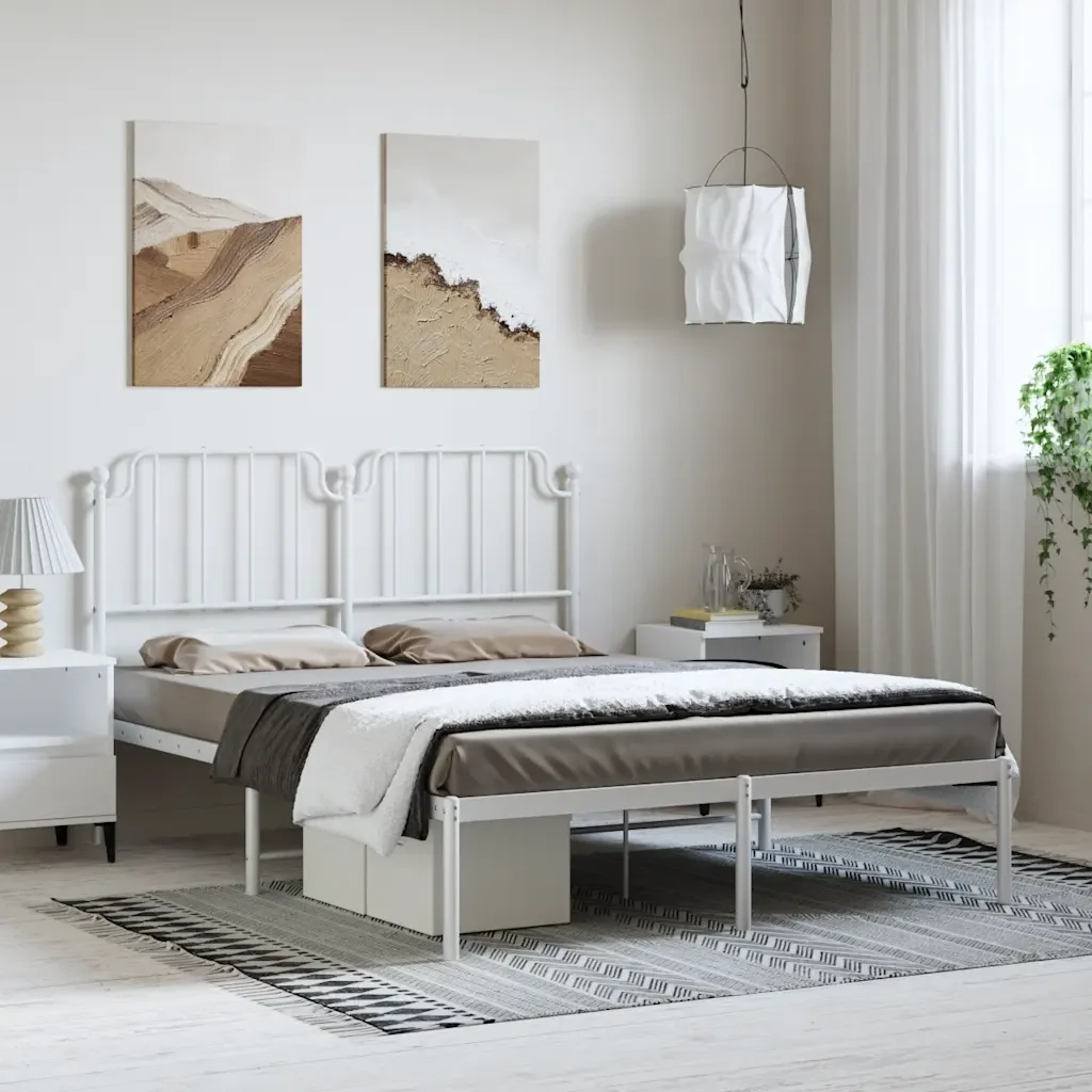 Letto matrimoniale | Letto per adulti | Giroletto con Testiera Metallo Bianco 135x190 cm - Image 2