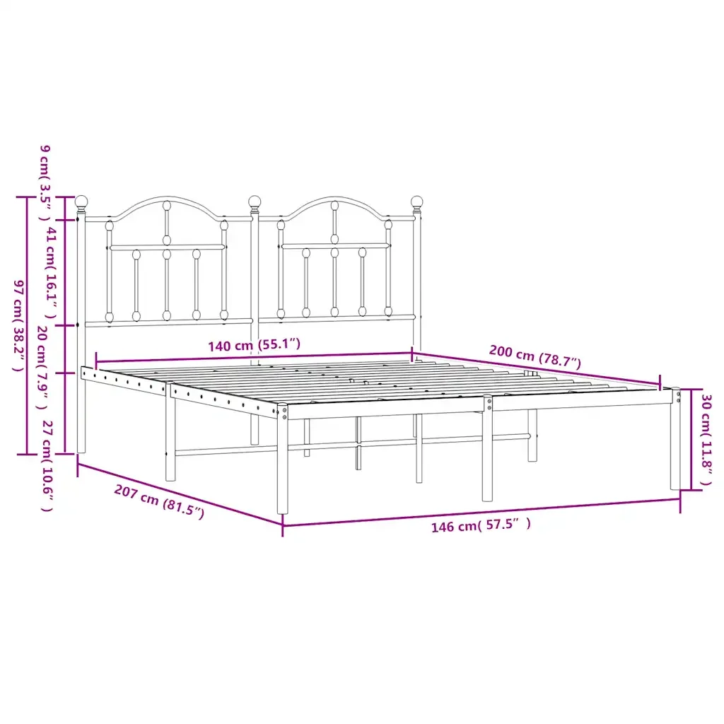 Letto matrimoniale | Letto per adulti | Giroletto con Testiera Metallo Bianco 140x200 cm - Image 9