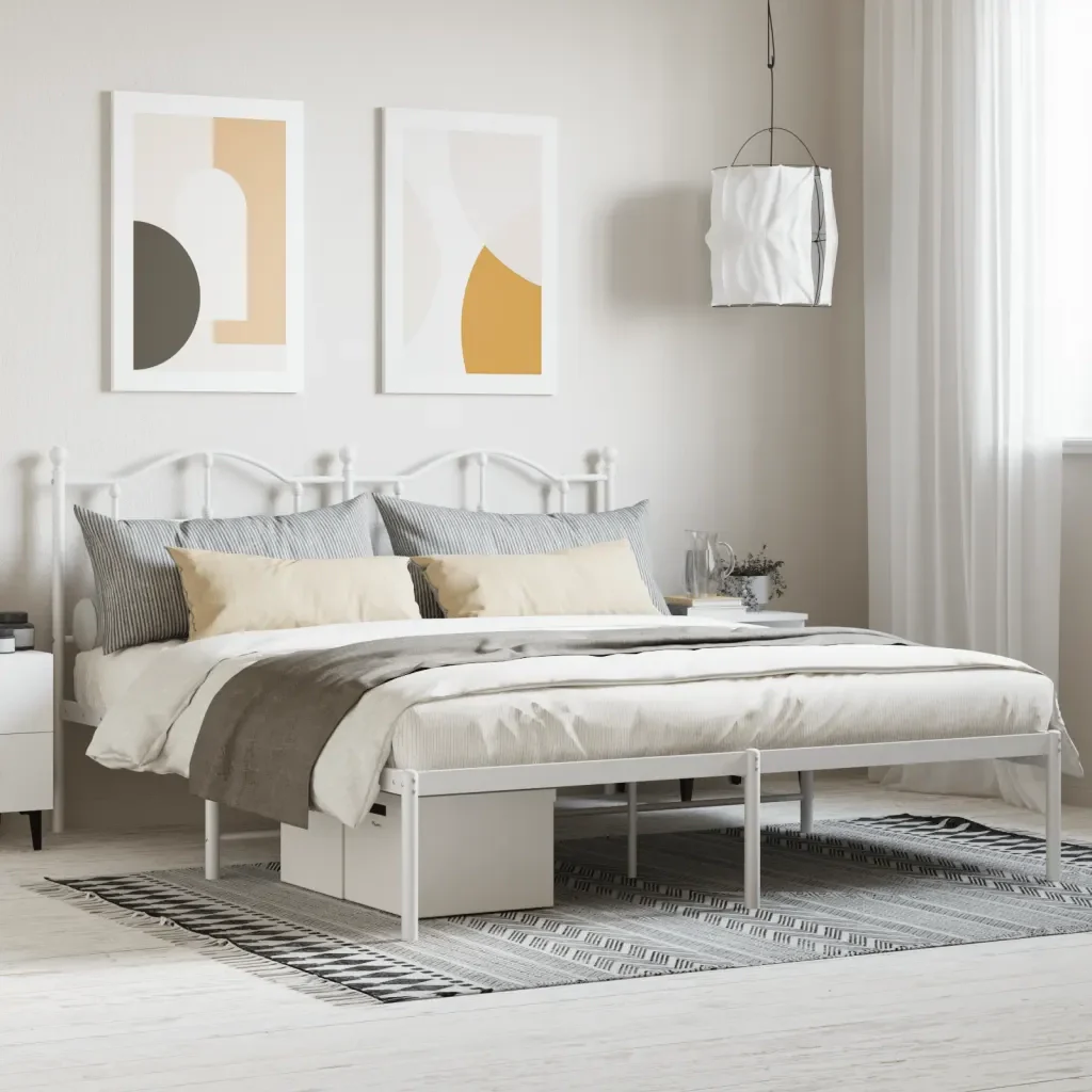 Letto matrimoniale | Letto per adulti | Giroletto con Testiera Metallo Bianco 180x200 cm - Image 2