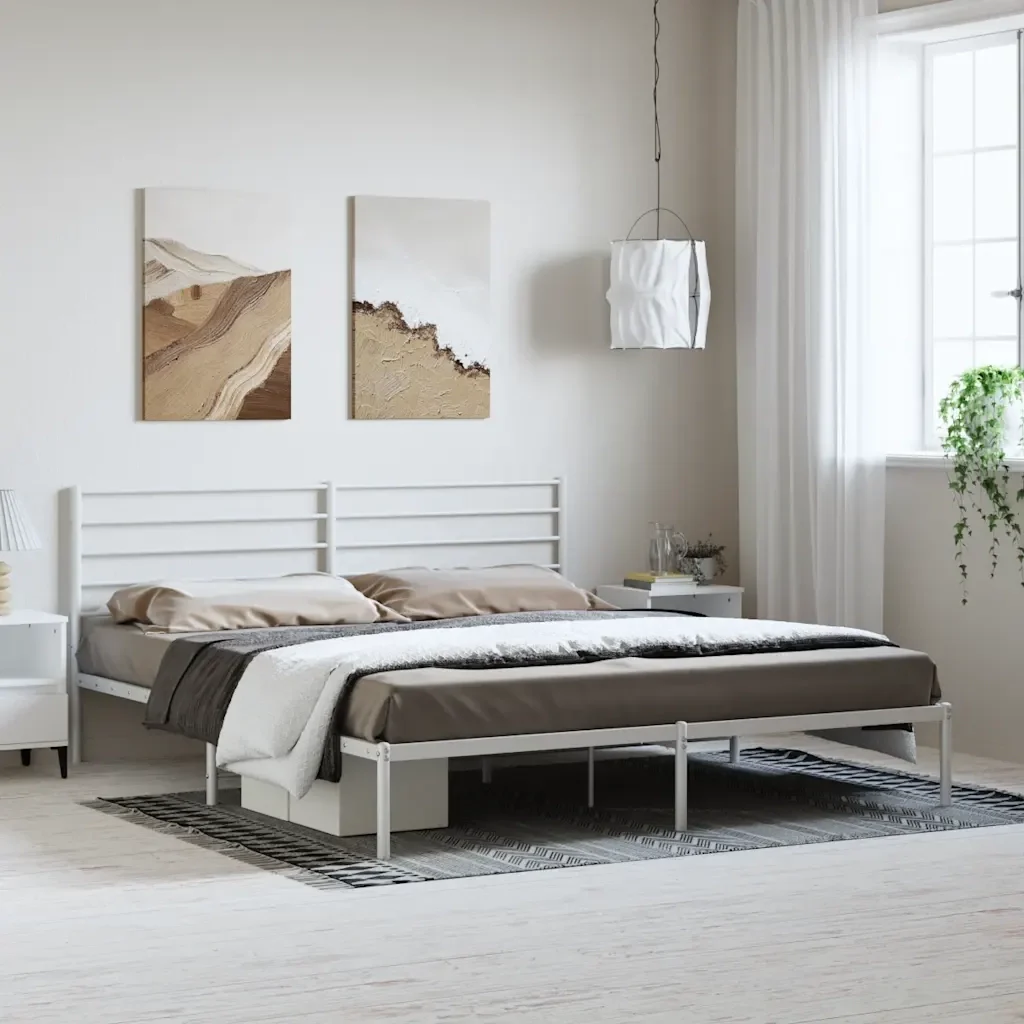 Letto matrimoniale | Letto per adulti | Giroletto con Testiera Metallo Bianco 193x203 cm - Image 2