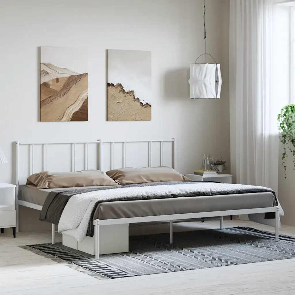 Letto matrimoniale | Letto per adulti | Giroletto con Testiera Metallo Bianco 193x203 cm - Image 2