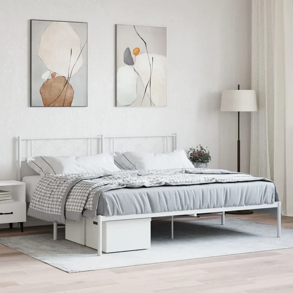 Letto matrimoniale | Letto per adulti | Giroletto con Testiera Metallo Bianco 200x200 cm - Image 2