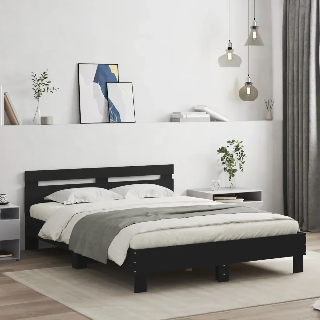 Letto matrimoniale | Letto per adulti | Giroletto con Testiera Neri 140x190 cm in Legno Multistrato - Image 2