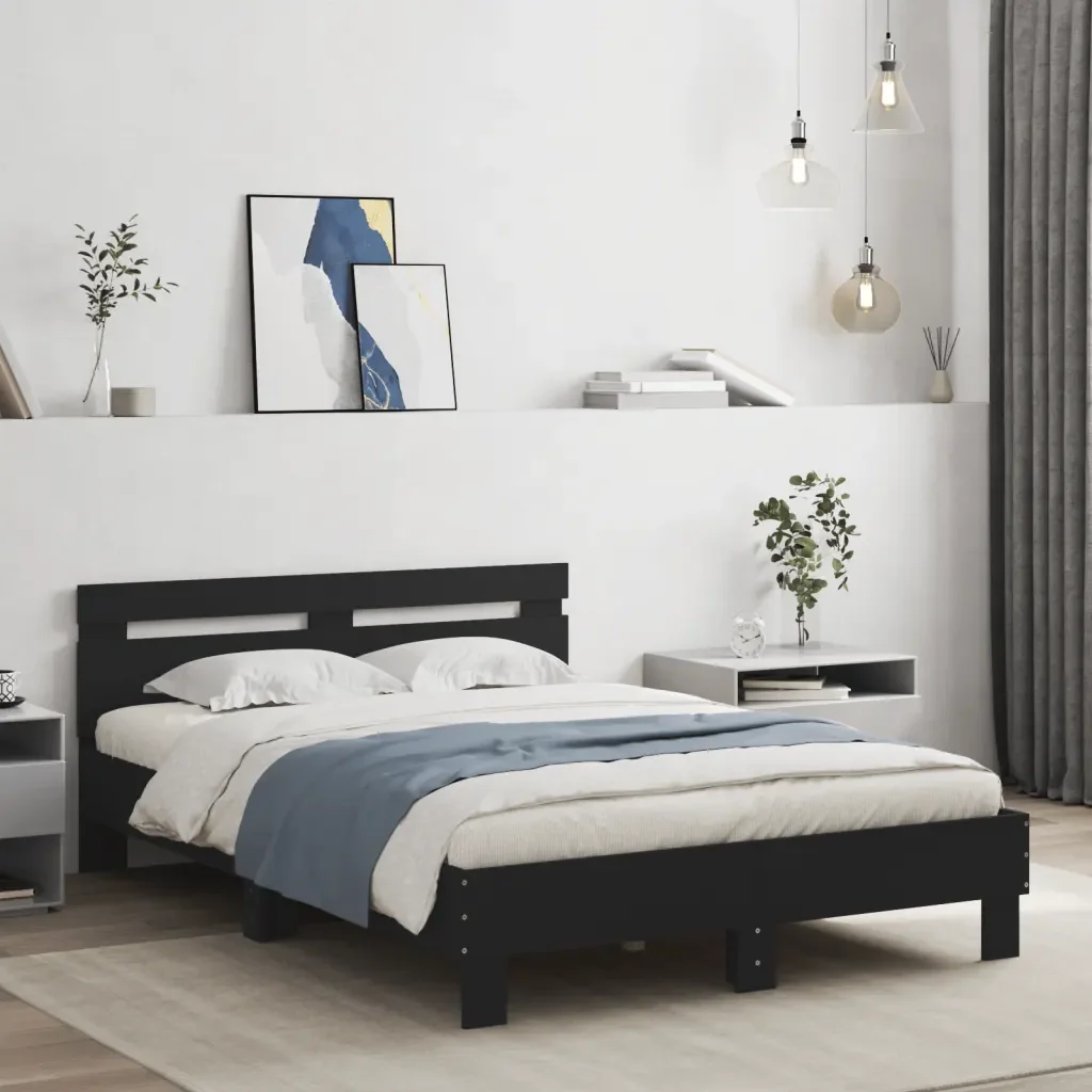 Letto matrimoniale | Letto per adulti | Giroletto con Testiera Nero 120x200 cm in Legno Multistrato - Image 2