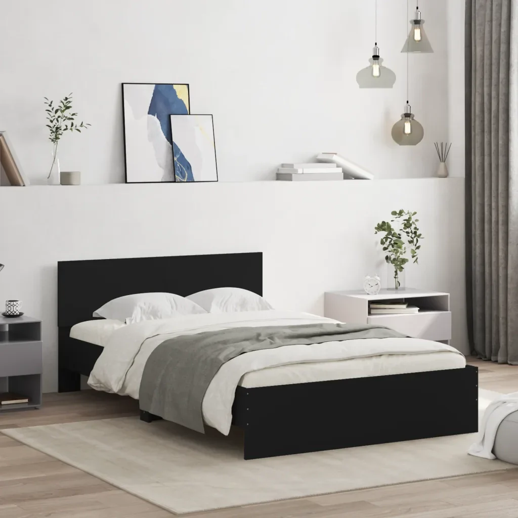 Letto matrimoniale | Letto per adulti | Giroletto con Testiera Nero 135x190 cm - Image 2