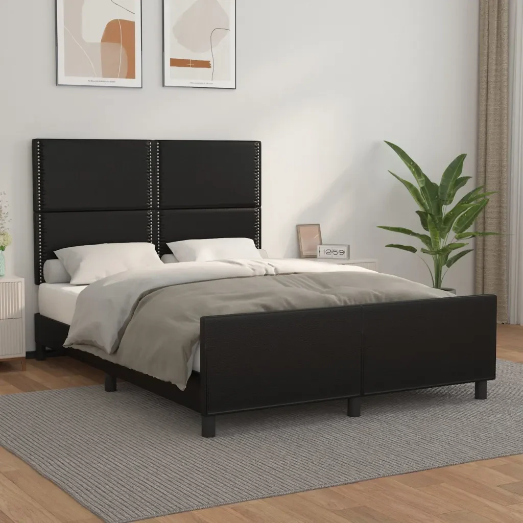 Letto matrimoniale | Letto per adulti | Giroletto con Testiera Nero 140x200 cm in Similpelle - Image 2