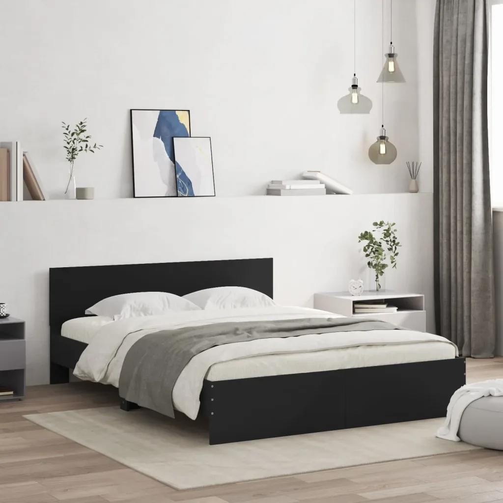 Letto matrimoniale | Letto per adulti | Giroletto con Testiera Nero 150x200 cm - Image 2
