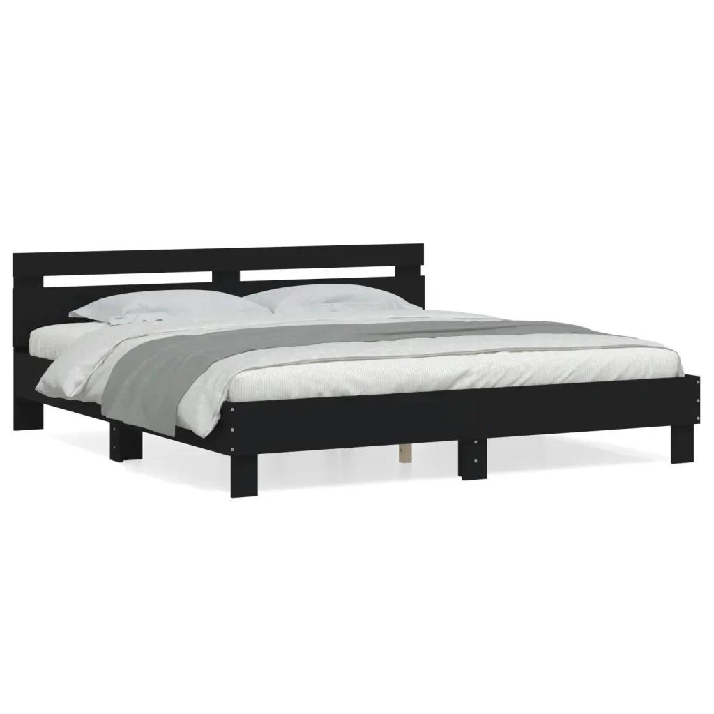 Letto matrimoniale | Letto per adulti | Giroletto con Testiera Nero 160x200 cm in Legno Multistrato