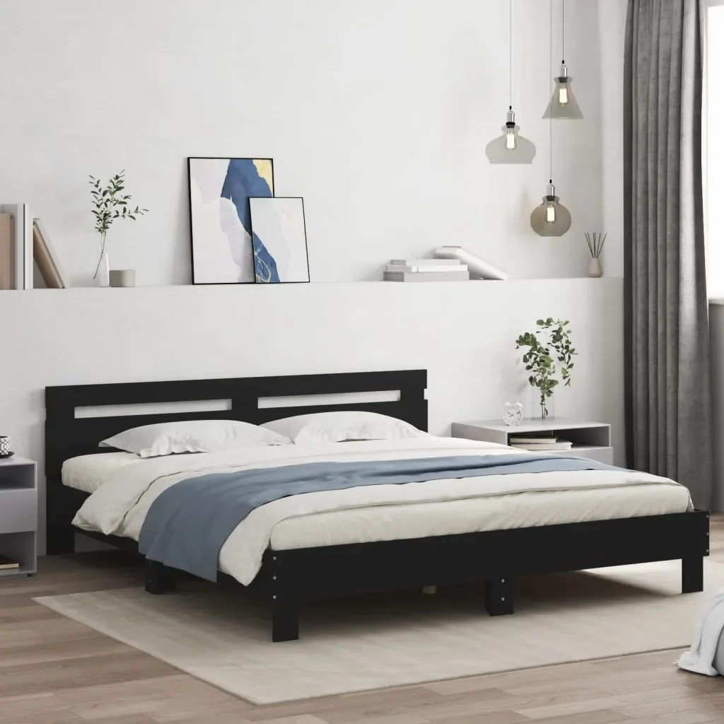 Letto matrimoniale | Letto per adulti | Giroletto con Testiera Nero 160x200 cm in Legno Multistrato - Image 2