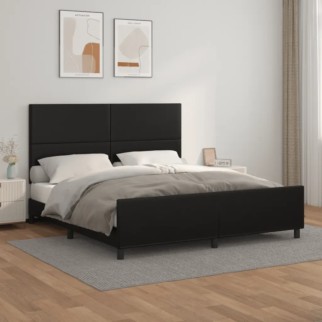 Letto matrimoniale | Letto per adulti | Giroletto con Testiera Nero 160x200 cm in Similpelle - Image 2