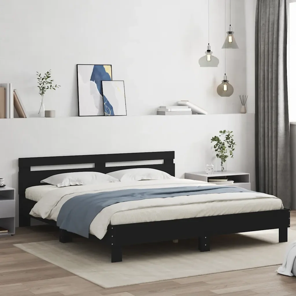 Letto matrimoniale | Letto per adulti | Giroletto con Testiera Nero 180x200 cm in Legno Multistrato - Image 2