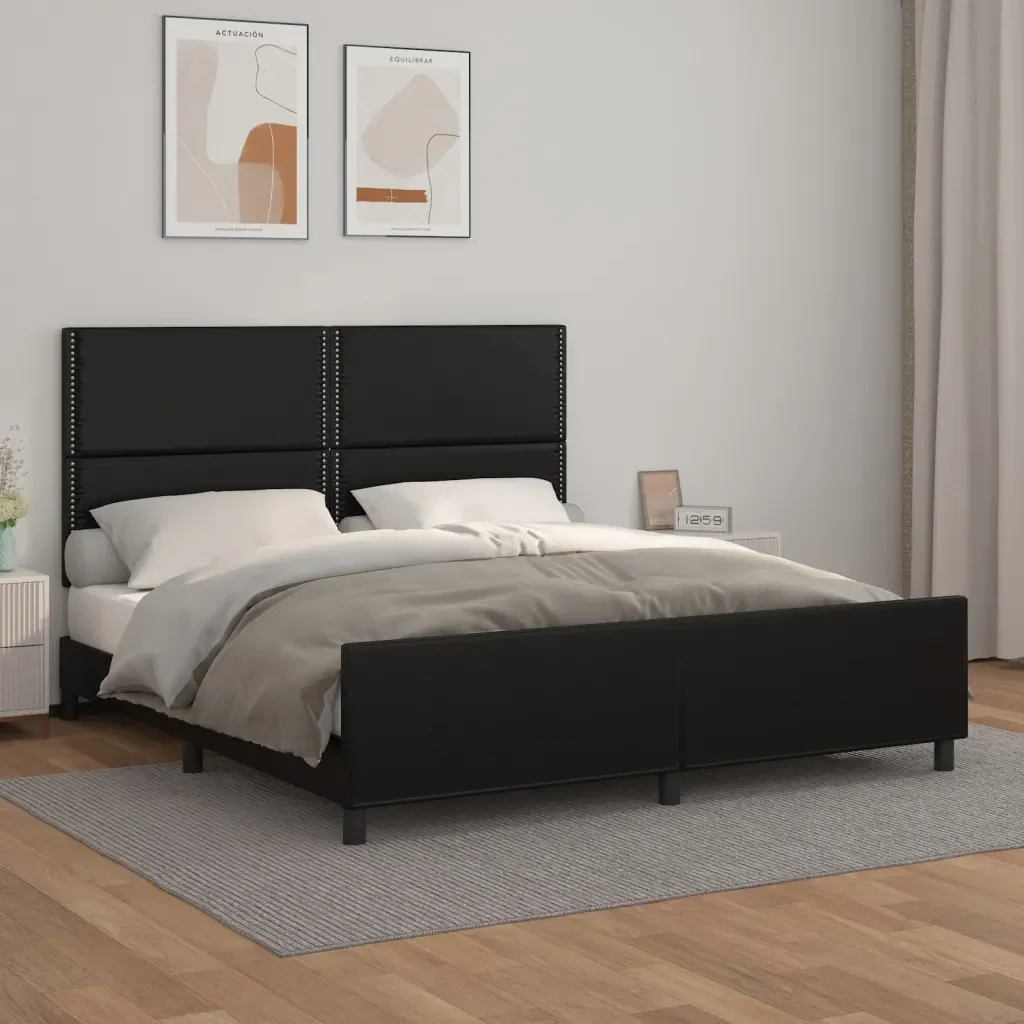 Letto matrimoniale | Letto per adulti | Giroletto con Testiera Nero 180x200 cm in Similpelle - Image 2