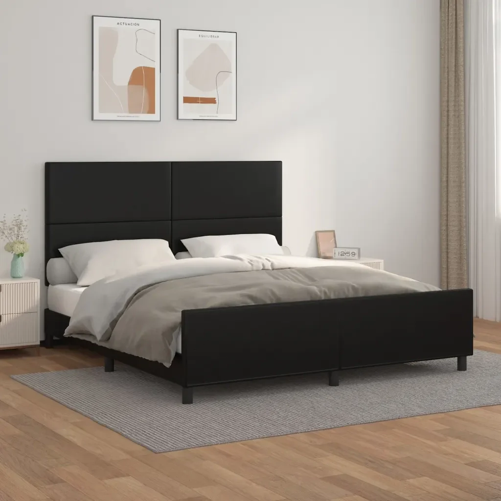 Letto matrimoniale | Letto per adulti | Giroletto con Testiera Nero 180x200 cm in Similpelle - Image 2