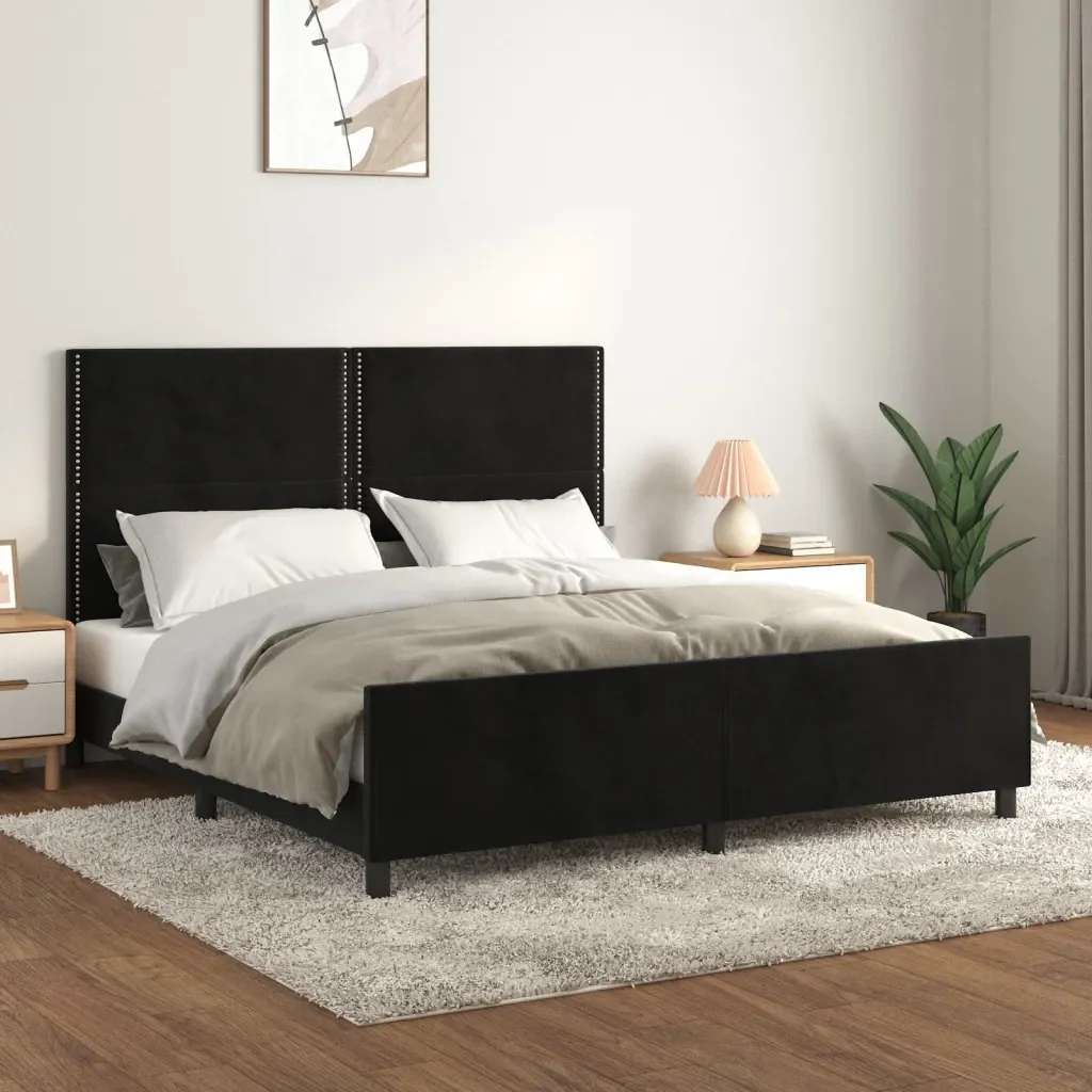 Letto matrimoniale | Letto per adulti | Giroletto con Testiera Nero 180x200 cm in Velluto - Image 2
