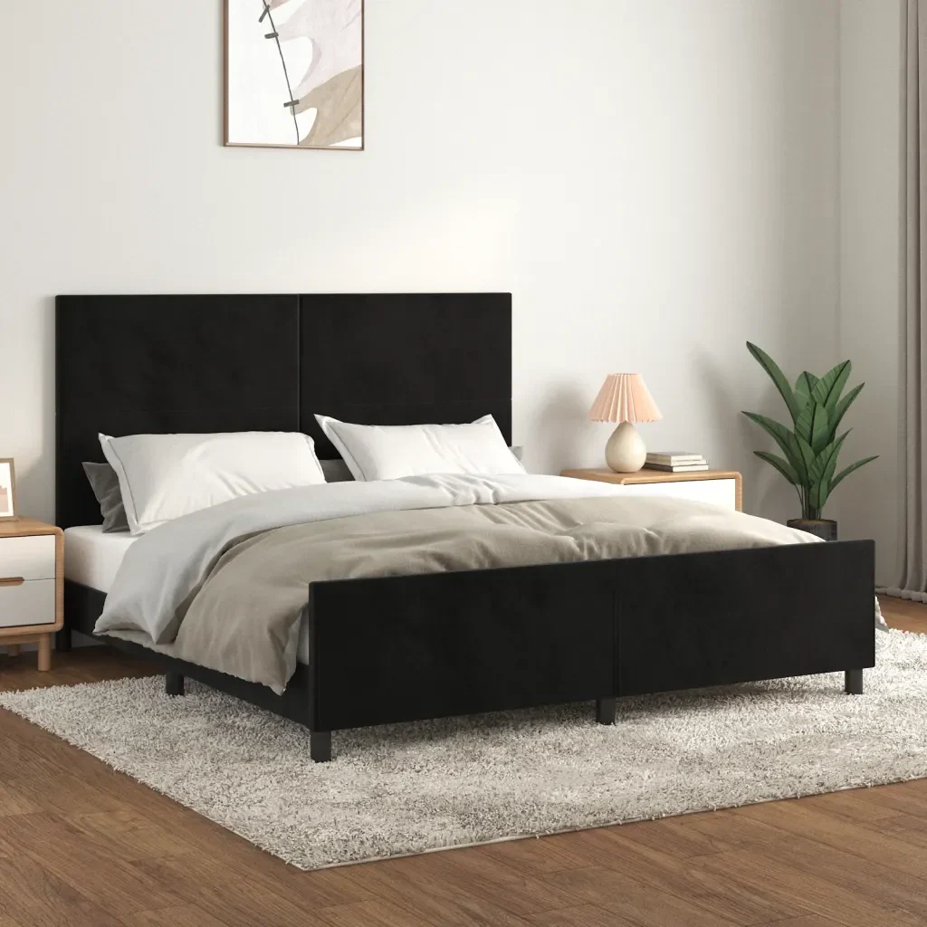 Letto matrimoniale | Letto per adulti | Giroletto con Testiera Nero 180x200 cm in Velluto - Image 2