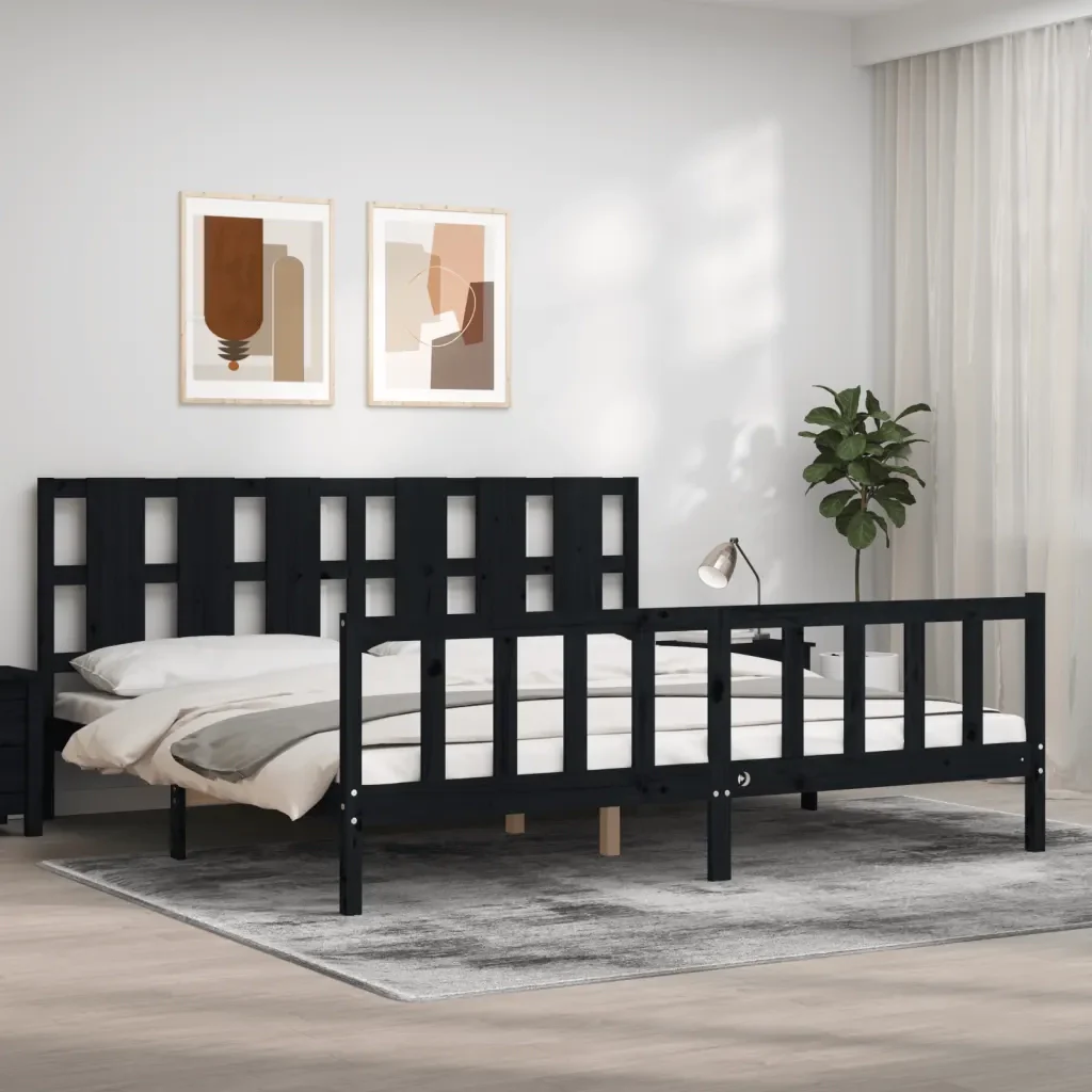 Letto matrimoniale | Letto per adulti | Giroletto con Testiera Nero 200x200 cm in Legno Massello - Image 2