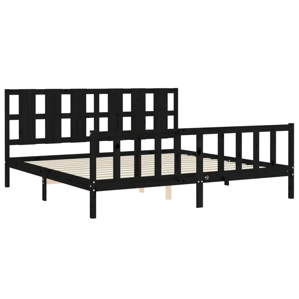 Letto matrimoniale | Letto per adulti | Giroletto con Testiera Nero 200x200 cm in Legno Massello - Image 5