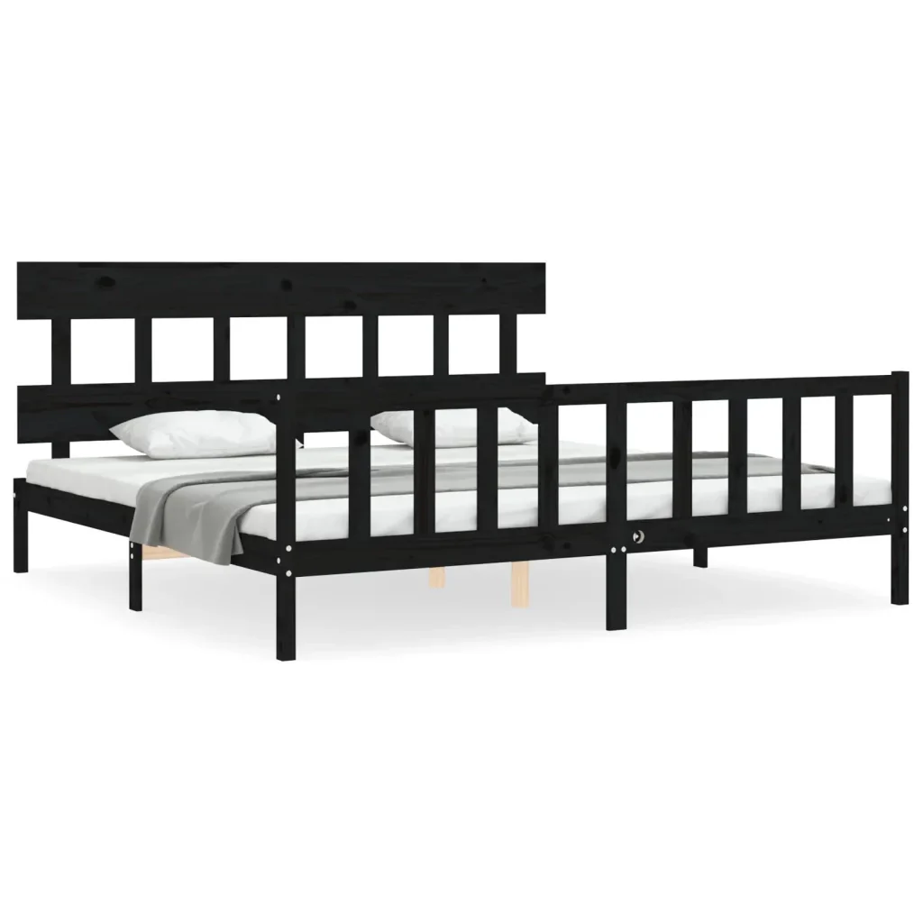 Letto matrimoniale | Letto per adulti | Giroletto con Testiera Nero 200x200 cm in Legno Massello
