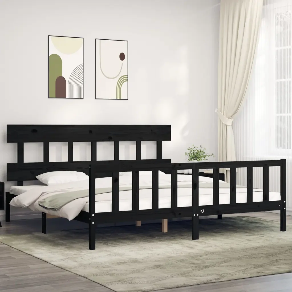 Letto matrimoniale | Letto per adulti | Giroletto con Testiera Nero 200x200 cm in Legno Massello - Image 2