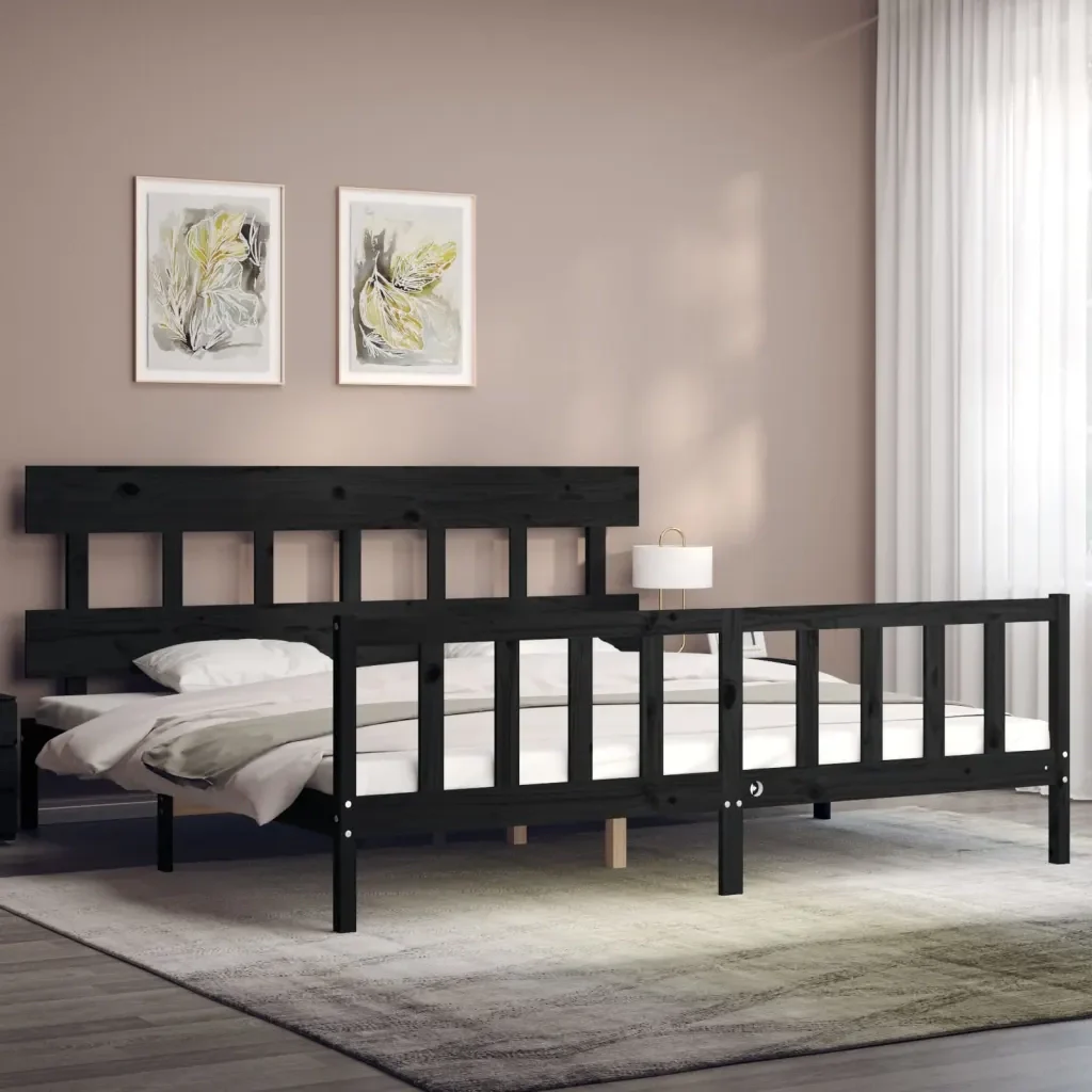 Letto matrimoniale | Letto per adulti | Giroletto con Testiera Nero 200x200 cm in Legno Massello - Image 3