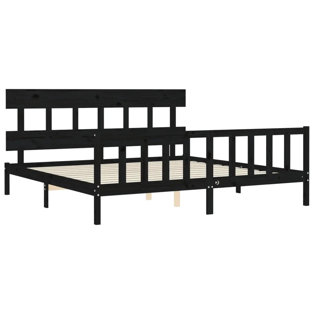 Letto matrimoniale | Letto per adulti | Giroletto con Testiera Nero 200x200 cm in Legno Massello - Image 5