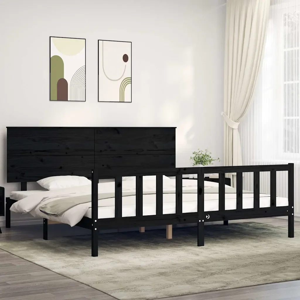 Letto matrimoniale | Letto per adulti | Giroletto con Testiera Nero 200x200 cm in Legno Massello - Image 2