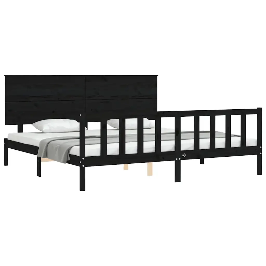 Letto matrimoniale | Letto per adulti | Giroletto con Testiera Nero 200x200 cm in Legno Massello - Image 4