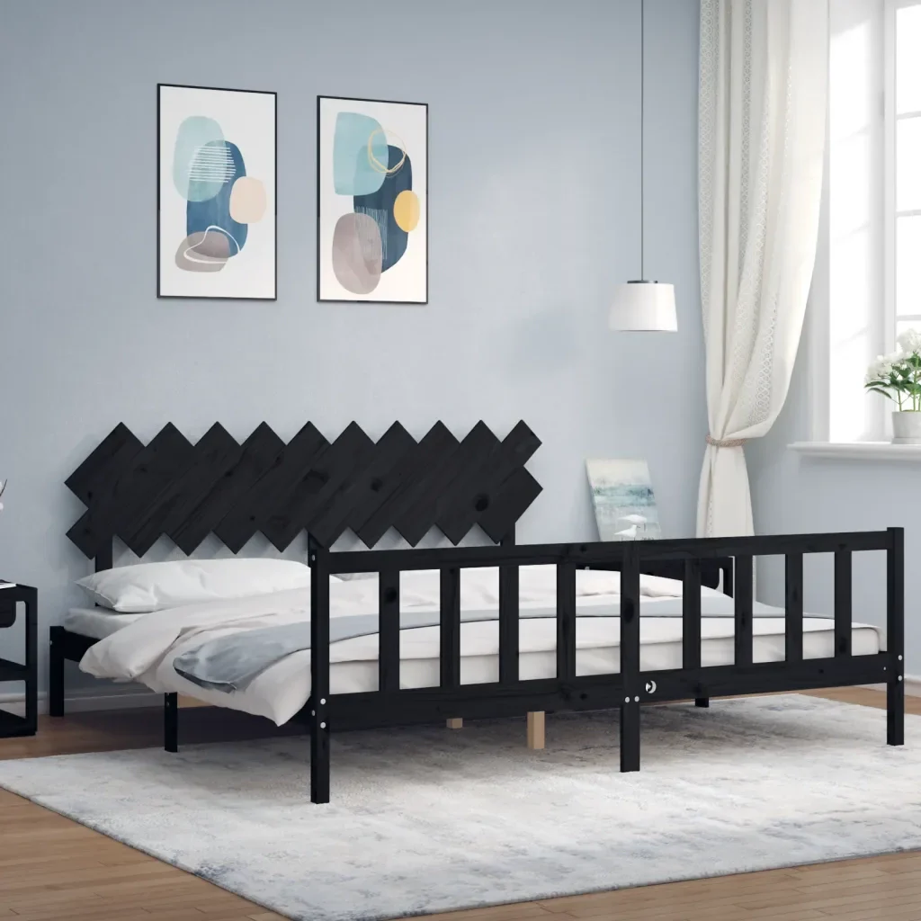 Letto matrimoniale | Letto per adulti | Giroletto con Testiera Nero 200x200 cm in Legno Massello - Image 2