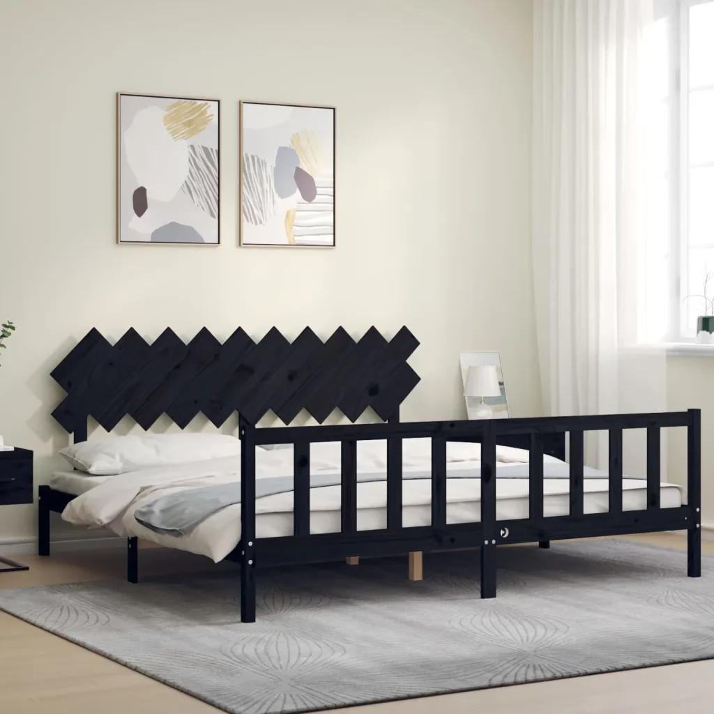 Letto matrimoniale | Letto per adulti | Giroletto con Testiera Nero 200x200 cm in Legno Massello - Image 3