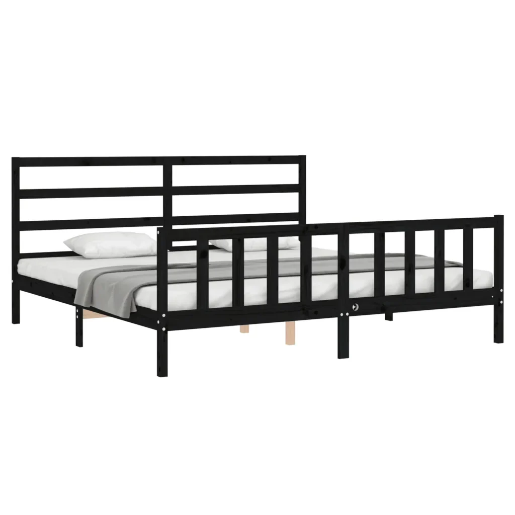 Letto matrimoniale | Letto per adulti | Giroletto con Testiera Nero 200x200 cm in Legno Massello - Image 4