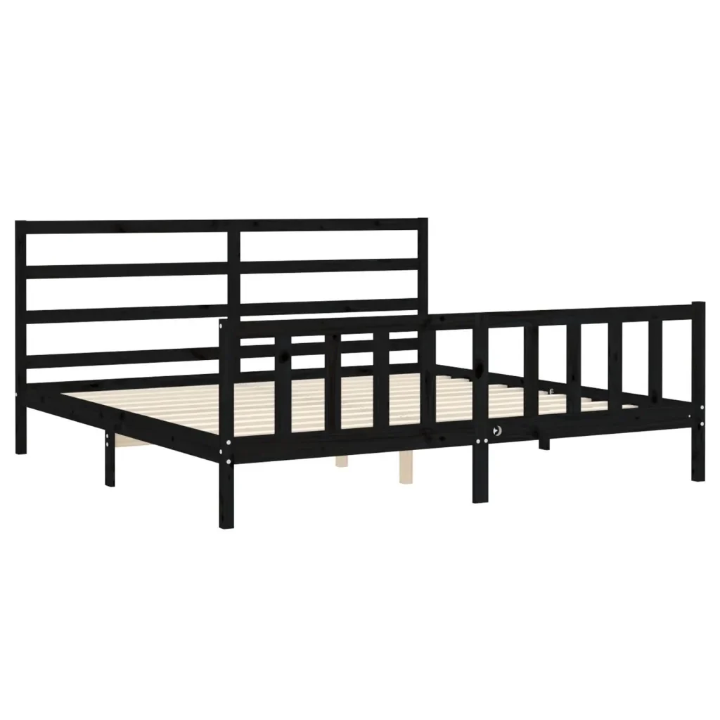 Letto matrimoniale | Letto per adulti | Giroletto con Testiera Nero 200x200 cm in Legno Massello - Image 5