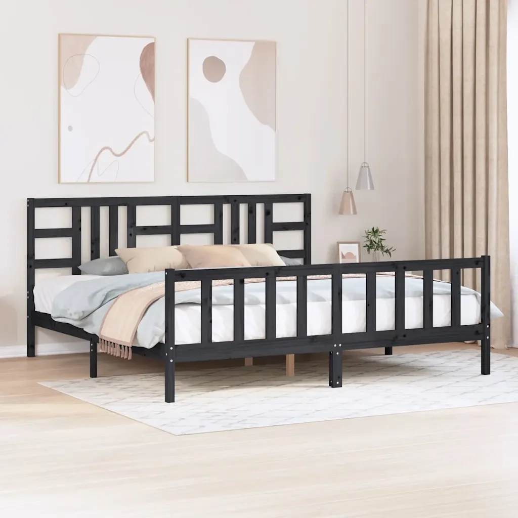 Letto matrimoniale | Letto per adulti | Giroletto con Testiera Nero 200x200 cm in Legno Massello - Image 2