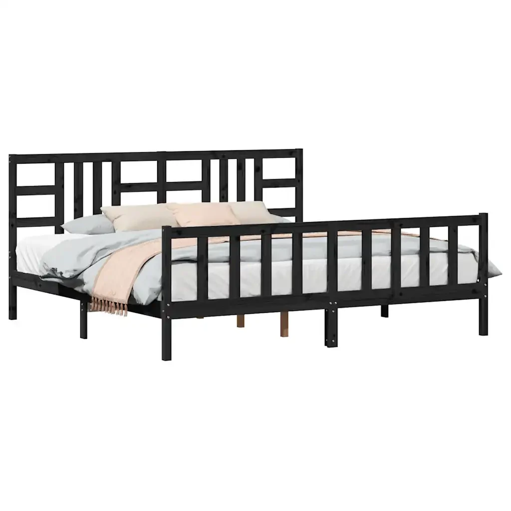 Letto matrimoniale | Letto per adulti | Giroletto con Testiera Nero 200x200 cm in Legno Massello - Image 3