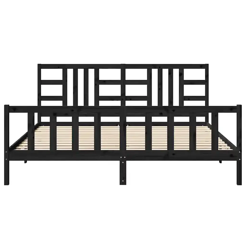 Letto matrimoniale | Letto per adulti | Giroletto con Testiera Nero 200x200 cm in Legno Massello - Image 5
